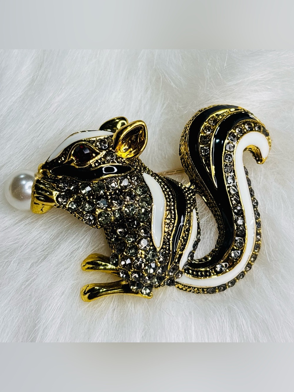 Black & White Squirrel Brooch Rhinestone Pearl Gold Tone Animal Statement Pin